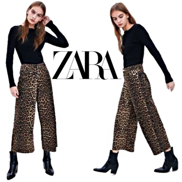 Zara Denim - ZARA TRF Wide Leg High Rise Cropped Leopard Cheetah Jeans Size 4